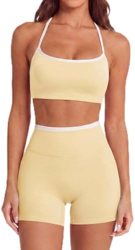 SUUKSESS Women 2 Piece Workout Sets Padded Halter Sports Bras High Waisted Biker Shorts with Pockets
