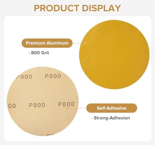 100 PCS 6 Inch Gold PSA Sanding Discs 800 Grit Self Adhesive Sticky-Back Sandpaper for DA Sander Automotive Car Paint Woodworking Wood Metal Finishing