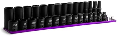 Capri Tools 3/8 in. Drive Shallow and Deep Impact Socket Set, 12-Point, Metric, 8 to 22 mm, 30-Piece with Purple Billet Aluminum Socket Rail