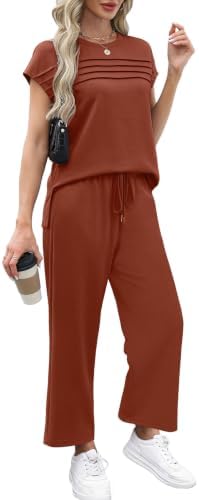 WIHOLL Two Piece Sets for Women Summer Spring Travel Vacation Outfits Cap Sleeve Lounge Matching Sets Wide Leg Pants S-3XL