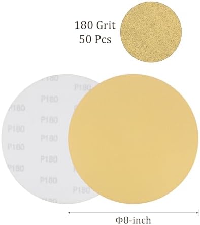 50pcs No Hole Sanding Discs- [ 8 Inch 180 Grit ] Round Hook and Loop Grip Sanding Pads Sheet Sandpaper for Automotive Woodworking Metal Polishing Use| Gold, Aluminum Oxide