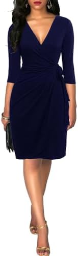 Berydress Women's 3/4 Sleeve V Neck Casual Party Work Faux Black Wrap Dress