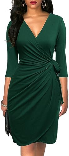 Berydress Women's 3/4 Sleeve V Neck Casual Party Work Faux Black Wrap Dress