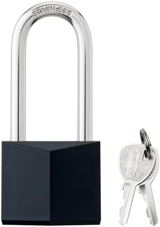 2-Pack Keyed Alike Locks, Black Covered Brass Keyed Padlock with Stainless Steel Long Shackle, 1-9/16 Inch Lock Body, Rustproof Locks for Gate Fence Hasp Cabinet Toolbox Gym or School Locker