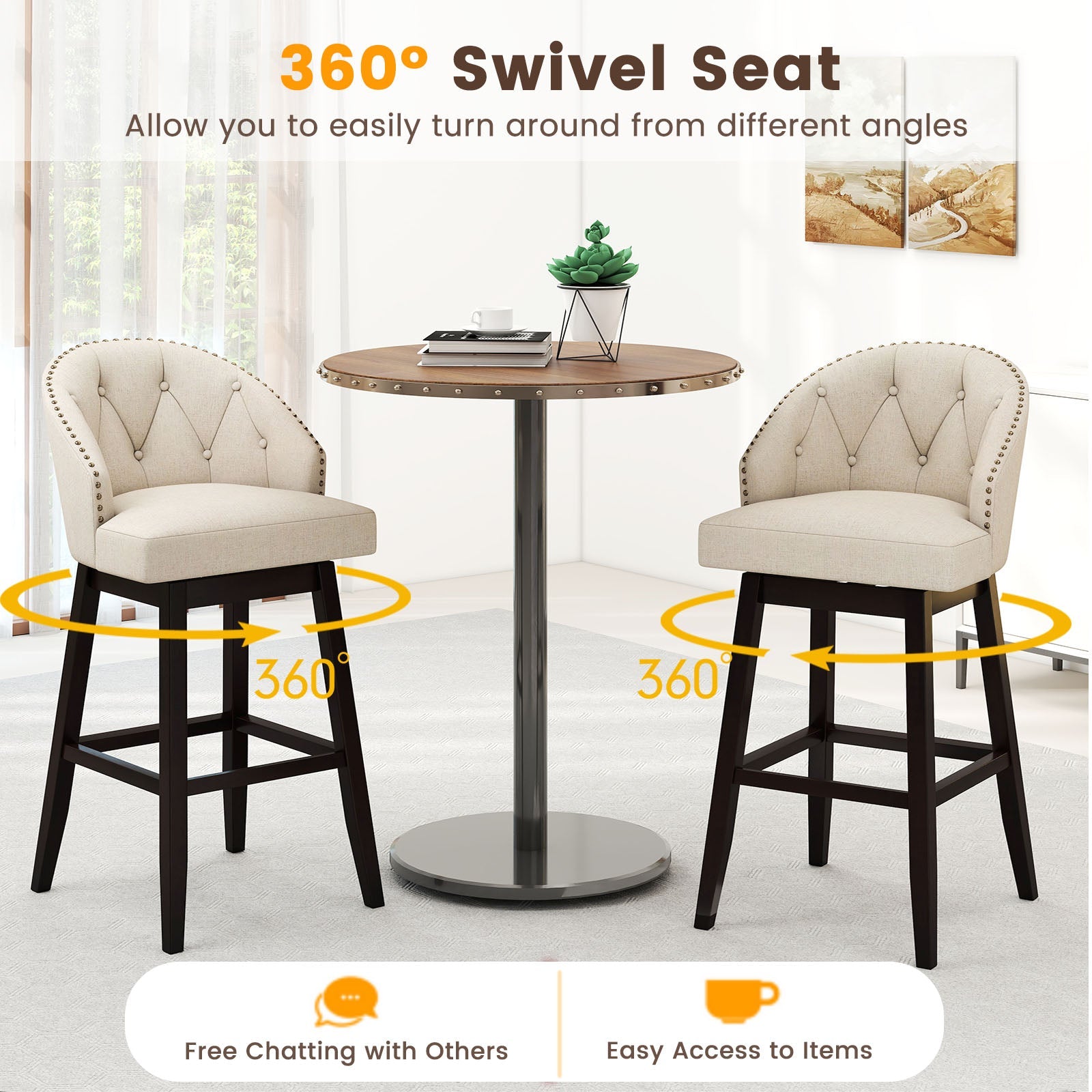 31 Inch Bar Stools Set of 4 Padded Bar Height Chairs with Rubber Wood Frame Swivel Seat-Beige