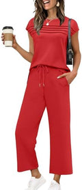 WIHOLL Two Piece Sets for Women Summer Spring Travel Vacation Outfits Cap Sleeve Lounge Matching Sets Wide Leg Pants S-3XL
