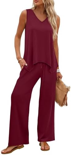 WIHOLL Two Piece Sets for Women Dressy Lounge Sets Summer Outfits Cruise Travel Beach Vacation Casual Wide Leg Pants Set