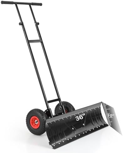 GYMAX Snow Shovel, Wheeled Pusher with 10” Pneumatic Rubber Wheels, 36” Wide Blade, Adjustable Height, Anti-Slip Handle, Heavy Duty Ergonomic Shovel for Driveway, Sidewalk, Pavement Snow Removal