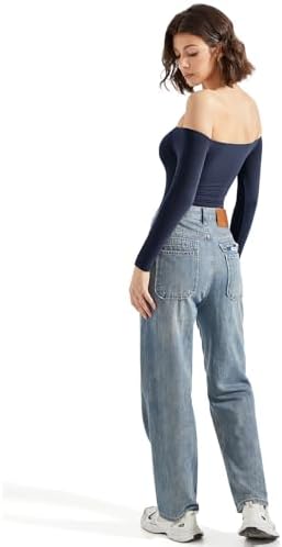 SUUKSESS Women Off Shoulder Long Sleeve Bodysuits Double Lined Basic Tops