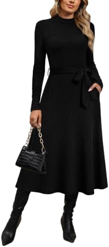 OFEEFAN Long Sleeve Dress Mock Neck Tie Waist Ribbed Knit Midi Dresses Fall Outfits