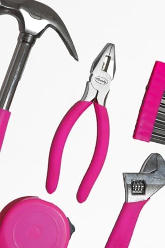 Mandy Hot Girls Love Tools Pink Toolkit Tool Set, 7-Piece DIY Home Repair Kit with Designer Storage Book Box, Hammer, Pliers, Wrench, Screwdriver