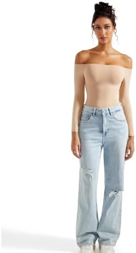 SUUKSESS Women Off Shoulder Long Sleeve Bodysuits Double Lined Basic Tops
