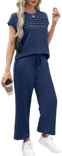 WIHOLL Two Piece Sets for Women Summer Spring Travel Vacation Outfits Cap Sleeve Lounge Matching Sets Wide Leg Pants S-3XL