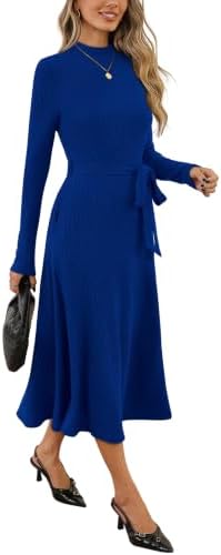 OFEEFAN Long Sleeve Dress Mock Neck Tie Waist Ribbed Knit Midi Dresses Fall Outfits