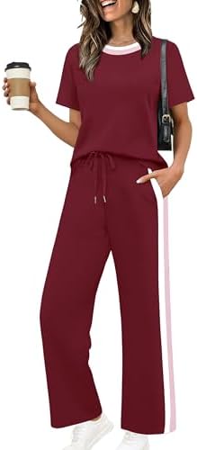 WIHOLL 2 Piece Lounge Sets for Women Matching Set Summer Outfits Short Sleeve Tops Wide Leg Pants with Pockets