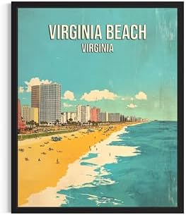 Virginia Beach Virginia Black Framed Wall Art Print Poster, US Vintage Retro Beach Scenery Posters Prints for Restroom Home Picture Painting Artwork Gallery 219 (Virginia Beach Virginia, 24"L x 18"W, Black Frame)