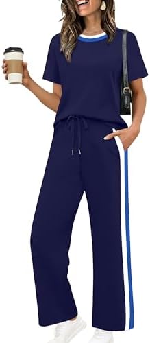 WIHOLL 2 Piece Lounge Sets for Women Matching Set Summer Outfits Short Sleeve Tops Wide Leg Pants with Pockets