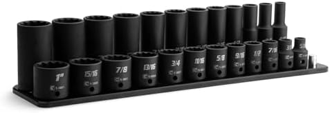Capri Tools 3/8 in. Drive Shallow and Deep Impact Socket Set, 12-Point, SAE, 5/16 to 1 in., 24-Piece with Black Billet Aluminum Socket Rail