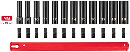TEKTON 3/8 Inch Drive Impact Socket Set, 12-Piece | SID91111 | (8 - 19 mm), Deep, 12-Point, Socket Rail