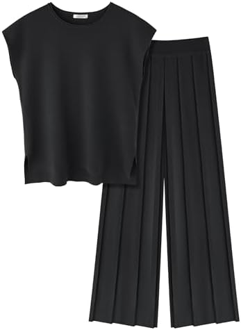 Ekouaer Lounge Sets for Women Two Piece Outfits Knit Cap Sleeve Tops Wide Leg Pleated Pants Casual Dressy Sweater Sets