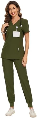 COZYFIT Scrubs for Women Set - Stretch V-Neck & Jogger Pant with 9 Pockets