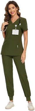 COZYFIT Scrubs for Women Set - Stretch V-Neck & Jogger Pant with 9 Pockets