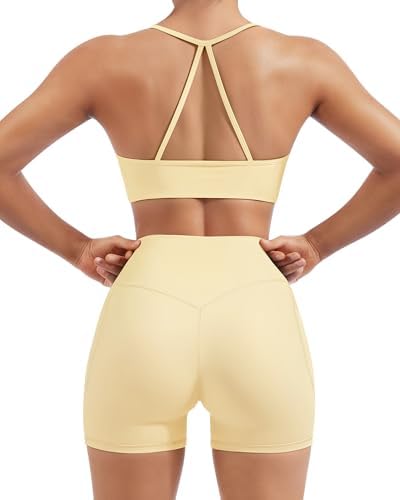 SUUKSESS Women 2 Piece Workout Sets Padded Halter Sports Bras High Waisted Biker Shorts with Pockets