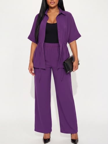 Two Piece Sets for Women Dressy Shirt Top Flared Pants Business Pantsuits