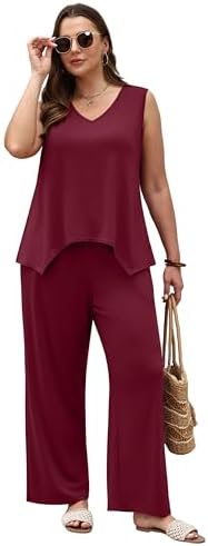 WIHOLL Two Piece Sets for Women Dressy Lounge Sets Summer Outfits Cruise Travel Beach Vacation Casual Wide Leg Pants Set