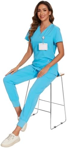 COZYFIT Scrubs for Women Set - Stretch V-Neck & Jogger Pant with 9 Pockets