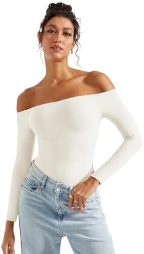 SUUKSESS Women Off Shoulder Long Sleeve Bodysuits Double Lined Basic Tops