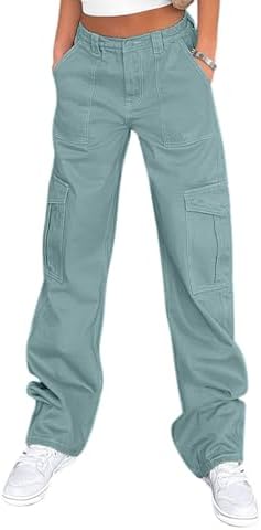 Lepunuo Cargo Pants for Women High Waisted Casual Pants Baggy Stretchy Wide Leg Y2K Streetwear with 6 Pockets