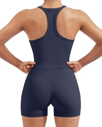SUUKSESS Women 2 Piece Workout Sets High Waisted Biker Shorts with Pockets Built in bra Racerback Tank Tops