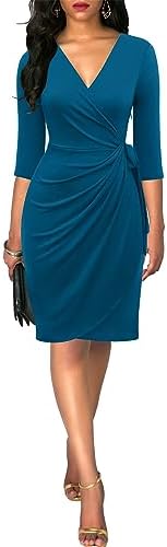 Berydress Women's 3/4 Sleeve V Neck Casual Party Work Faux Black Wrap Dress