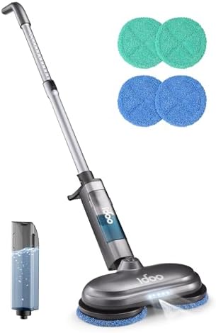 iDOO Cordless Electric Mop, Rechargeable Spin Mop with Water Spray & LED Headlight, Quiet Self Propelled Floor Cleaner, Lightweight Floor Scrubber for All Floors