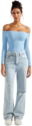 SUUKSESS Women Off Shoulder Long Sleeve Bodysuits Double Lined Basic Tops