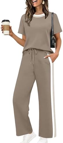 WIHOLL 2 Piece Lounge Sets for Women Matching Set Summer Outfits Short Sleeve Tops Wide Leg Pants with Pockets
