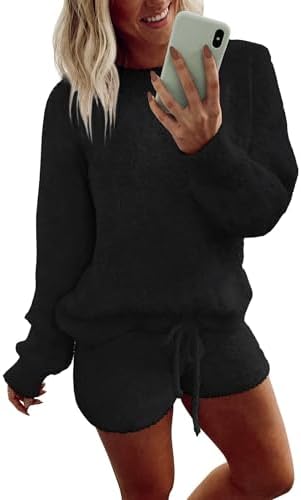 Ekouaer Fuzzy Fleece Pajamas 2 Piece Warm Soft Lounge Set Long Sleeve Sweater Top and Shorts Loungewear Outfits Sweatsuits