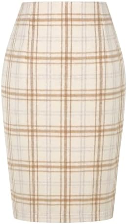 IDEALSANXUN Plaid Skirts for Women Fall Winter Knee Length Pencil Wool Skirt with Slit