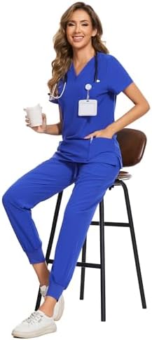 COZYFIT Scrubs for Women Set - Stretch V-Neck & Jogger Pant with 9 Pockets