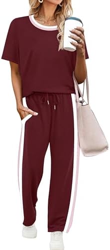 WIHOLL 2 Piece Lounge Sets for Women Matching Set Summer Outfits Short Sleeve Tops Wide Leg Pants with Pockets