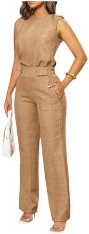 Floerns Women's 2 Piece Sets Dressy Outfits Bussiness casual Crew Neck Sleeveless Blouse and Elegant Pants Set