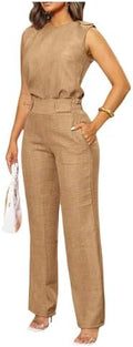 Floerns Women's 2 Piece Sets Dressy Outfits Bussiness casual Crew Neck Sleeveless Blouse and Elegant Pants Set