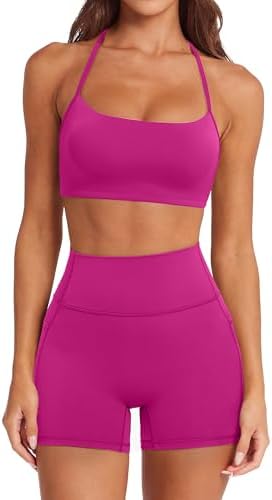 SUUKSESS Women 2 Piece Workout Sets Padded Halter Sports Bras High Waisted Biker Shorts with Pockets
