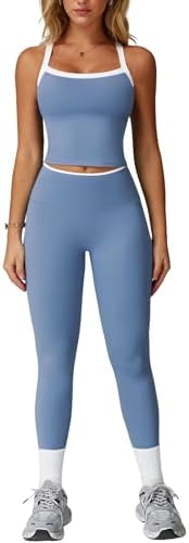 QBGJTD Womens Workout Sets Two Piece Cross Back Tank Top Matching High Waist Leggings Sets Gym Outfits Work Out Clothes
