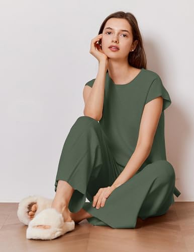 Ekouaer Lounge Sets for Women Two Piece Outfits Knit Cap Sleeve Tops Wide Leg Pleated Pants Casual Dressy Sweater Sets
