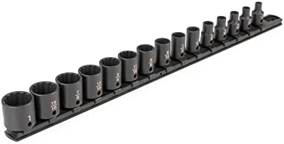 TEKTON 3/8 Inch Drive Impact Socket Set, 15-Piece | SID91112 | (1/4 - 1 in.), Shallow, 12-Point, Socket Rail