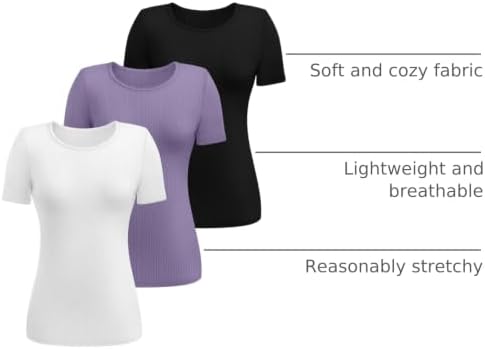 Ficerd 3 Pack Women's Ribbed Short Sleeve T-Shirts