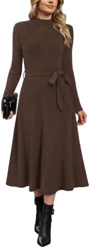 OFEEFAN Long Sleeve Dress Mock Neck Tie Waist Ribbed Knit Midi Dresses Fall Outfits