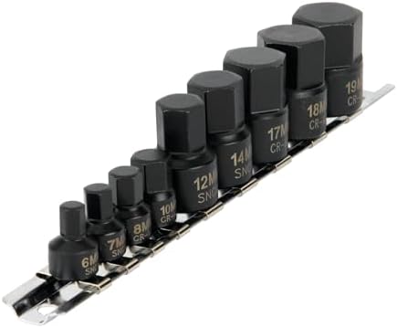 Performance Tool W38964 9-Piece Impact Metric Hex Bit Socket Set | Stubby design is 40% shorter for confined spaces. Heavy duty CrMo steel. Includes storage rail